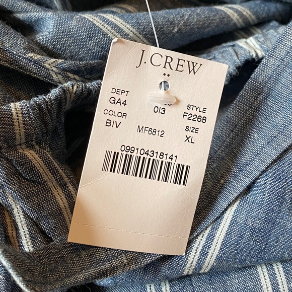 NWT, J. Crew Factory, Striped Chambray Ruffle-neck Cold Shoulder Dress, Blue - Picture 8 of 9